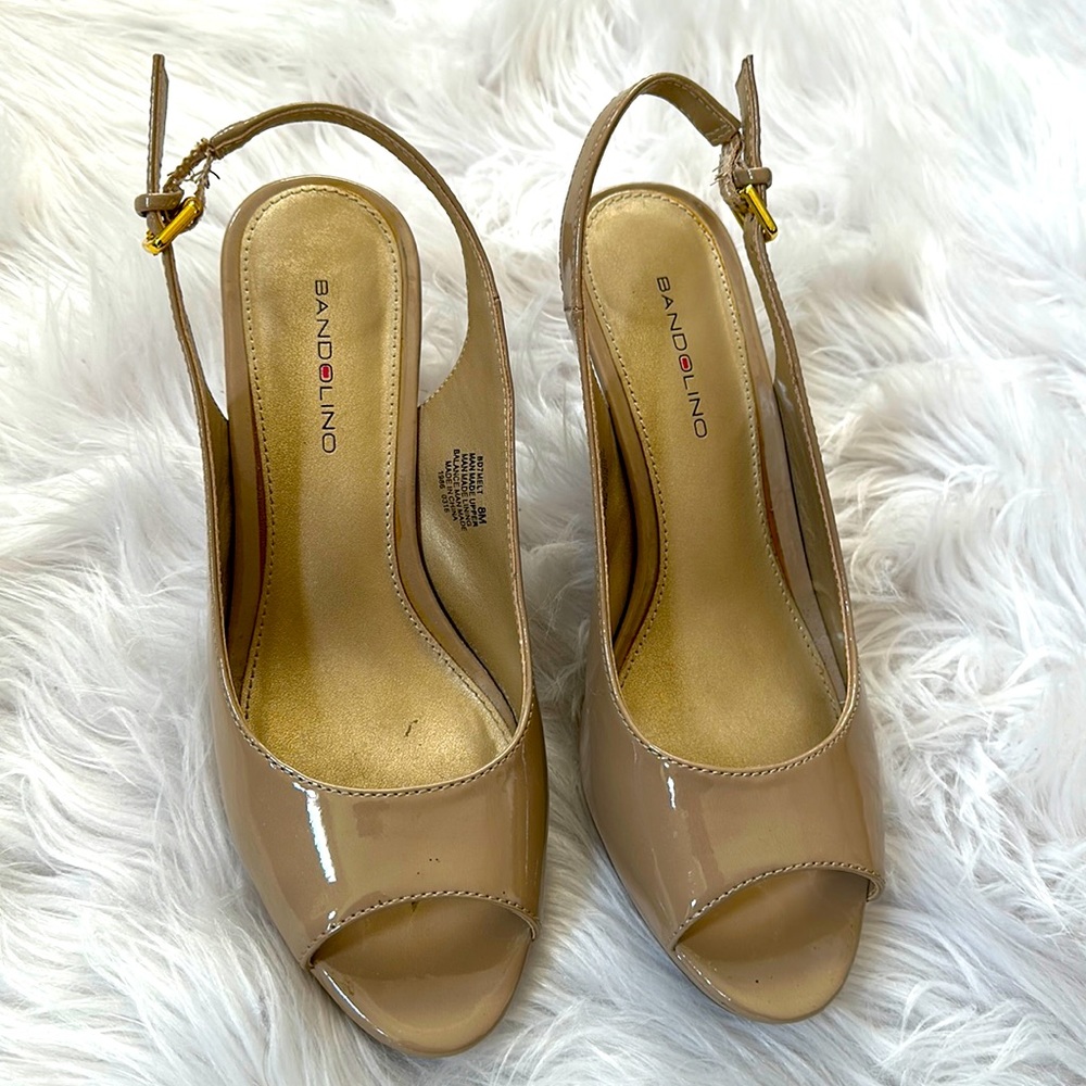 Beautiful tan patent sling back sandals